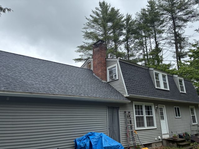 Shingle roof and dormers on a gray home