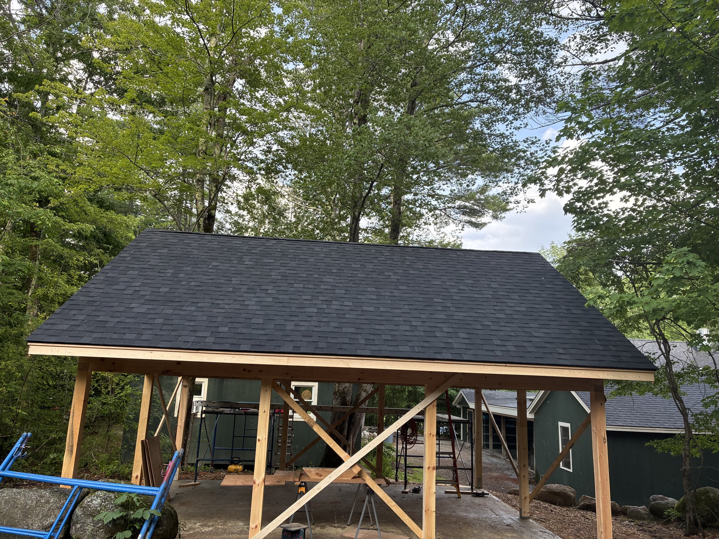 Shingle roof on an open timber structure